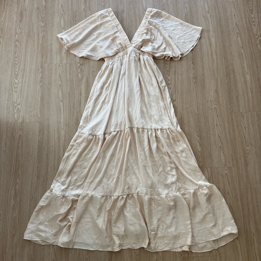 Pinkblush pinstripe satin ruffle flutter maxi dress nwt - Picture 5 of 5